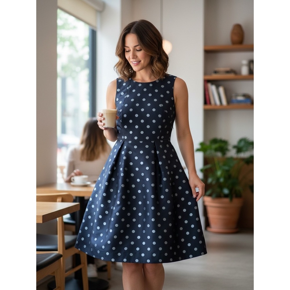 J.Crew Polka Dot Dress Womens 8 Black Silver EUC Condition Metallic Fit Flare